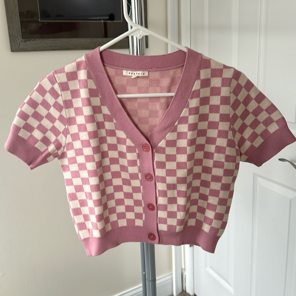 Short sleeve checkered cardigan